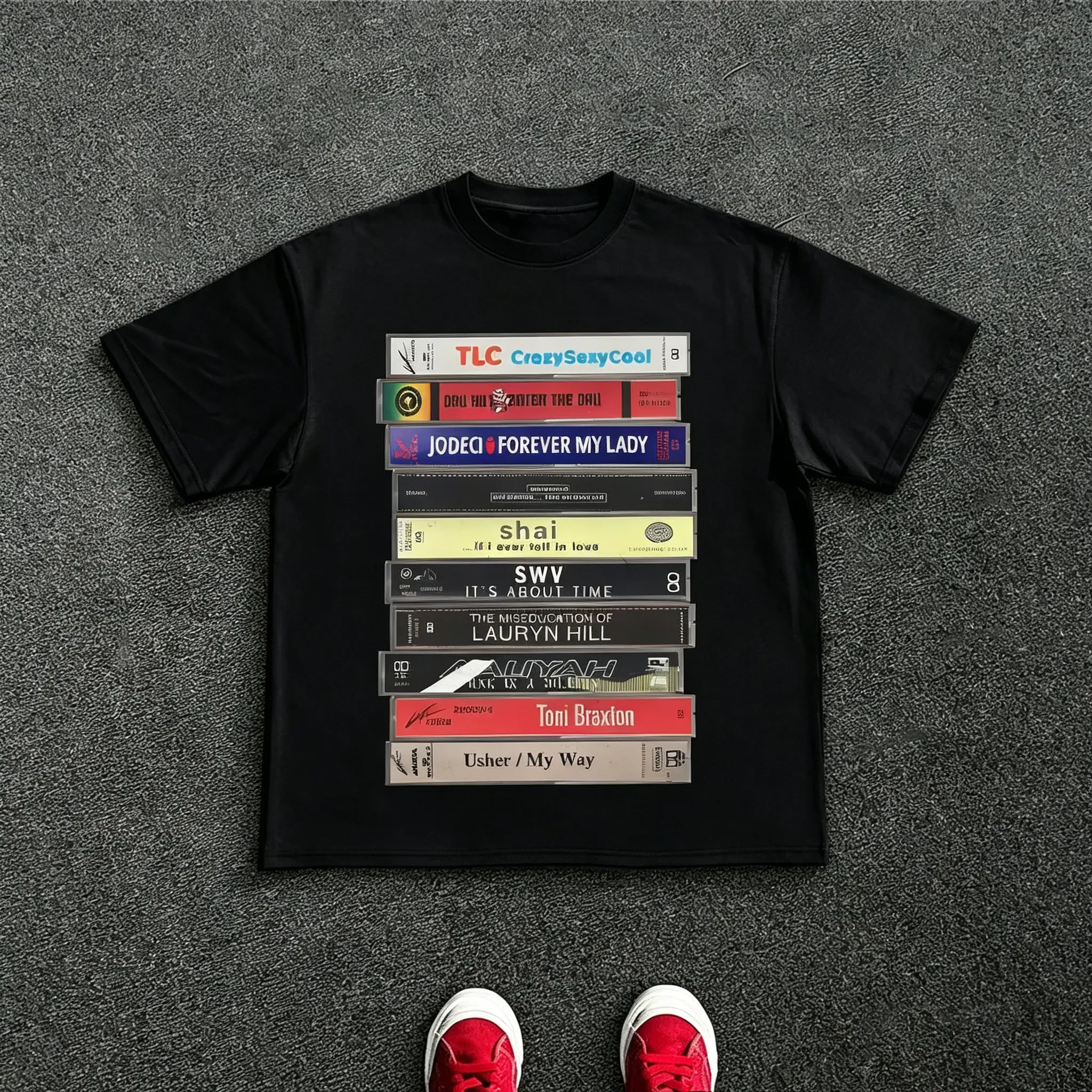 90s R&B cassette tape album graphic T-shirt, 100% cotton; TLC, Lauryn Hill, Aaliyah vintage music tee; casual streetwear short-sleeve top for men/women/unisex; fan gift; black/white good graphic tees clothing merch flash sale t shirt