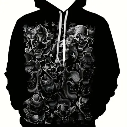 Men's Casual Hooded Sweatshirt, 3D Clown Graphic Design Pullover, Fitted Style for All Seasons, Streetwear Fashion, Funny Graphic Sweatshirt, Graphic Streetwear Clothing