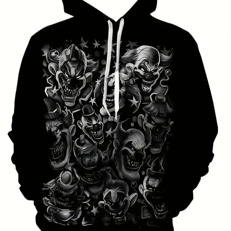 Men's Casual Hooded Sweatshirt, 3D Clown Graphic Design Pullover, Fitted Style for All Seasons, Streetwear Fashion, Funny Graphic Sweatshirt, Graphic Streetwear Clothing