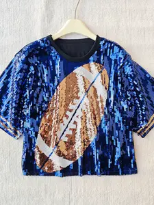 Women's Sequined Rugby Tee Short Sleeve Summer Sparkle, Perfect for Game Day Music Festivals Street Style