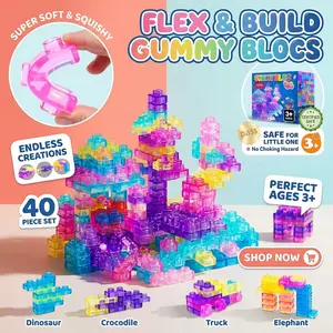 Gummy Bloc 40Pcs Squishy Building Blocks - Soft Sensory Toys for Kids, Stress Relief Jelly Blocks, Food Grade TPE Flexible DIY Construction Set, Perfect Birthday Gift for Boys & Girls 3+