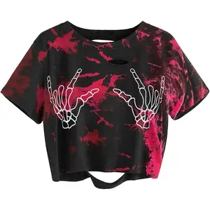Women Skull Finger Graphic Distressed Tee Shirt Ripped Short Sleeve Crop TopsGift