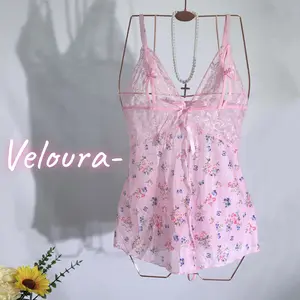 Women's Pink Floral Delicate Sleep Dress Elegant V-Neck Soft Satin Nightwear with Bow Accents Adjustable Bodysuit transparent Lace-Up Boned Corset Teddy Babydoll sheer Lingerie Set sexy mesh panty underwear summer bed wear Loungewear Aesthetic