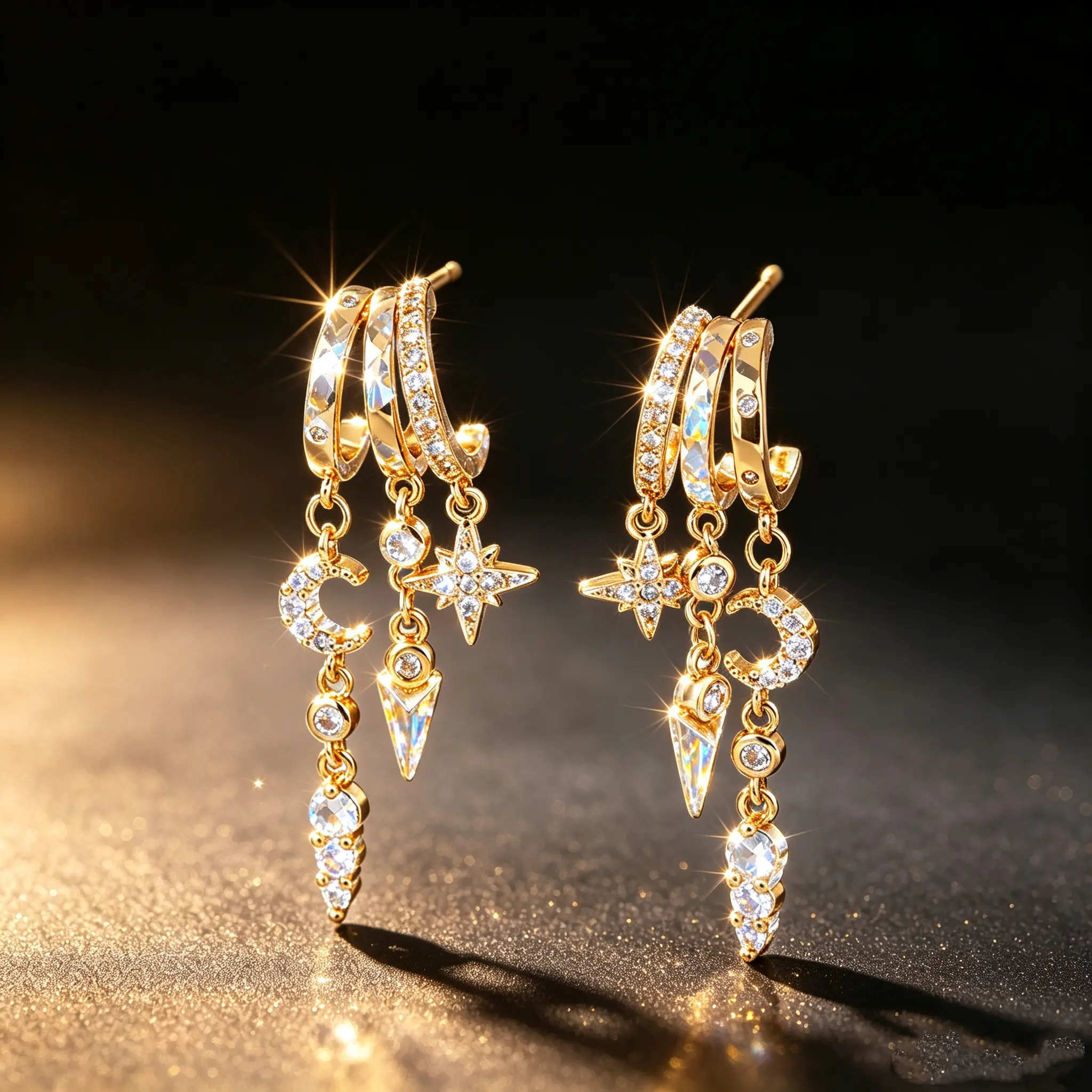 Women's Gold Plated 3-Hoop Earrings - Dangling Star Moon Zircon Charms, Hypoallergenic, Layerable for Versatile Styling, Metal Coating Jewelry Gift for Daily Street Outfits