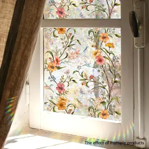 Floral Pattern Window Sticker - Removable Static-Cling Rainbow Window Decal, DIY Decorative Sticker Flower Design for Home Living Room & Bedroom, Privacy Protection & Sunlight Prism Effect