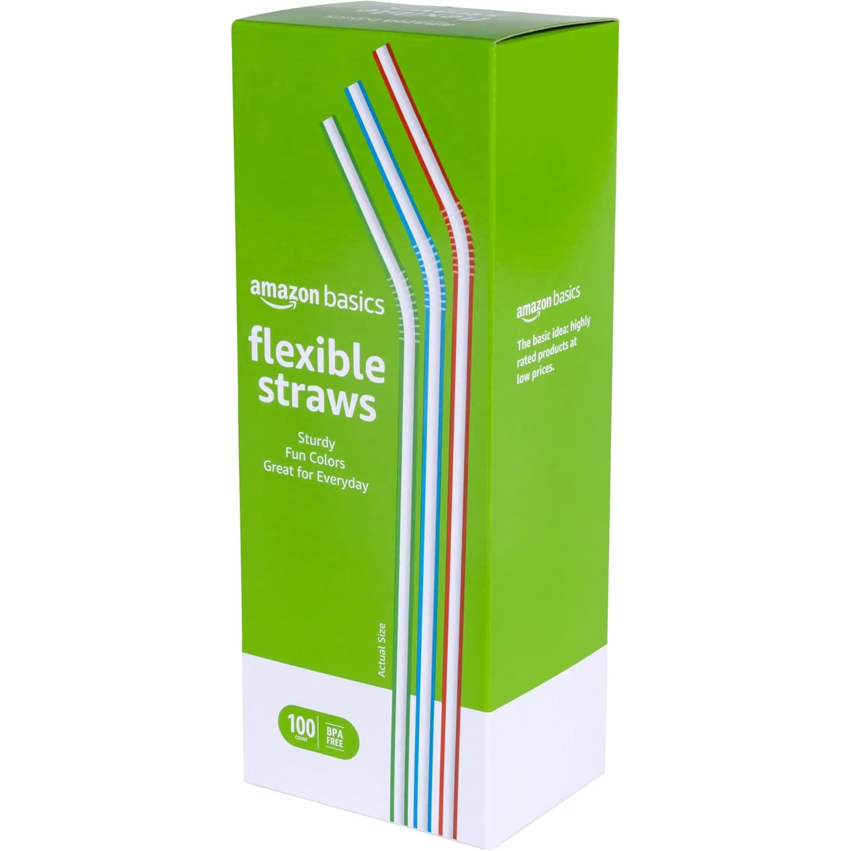 Amazon Basics Disposable Striped Plastic Flex Straws, BPA Free, Food-Safe, 7.5" Long, Assorted Colors, 100 Count