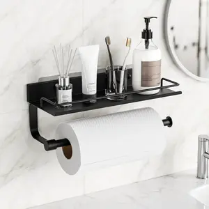Paper Towel Holder, Wall Mount Paper Towel Holder with Shelf for Bathroom, Paper Towel Wall Holder, Paper Holder with Adhesive & Screw, Metal Black