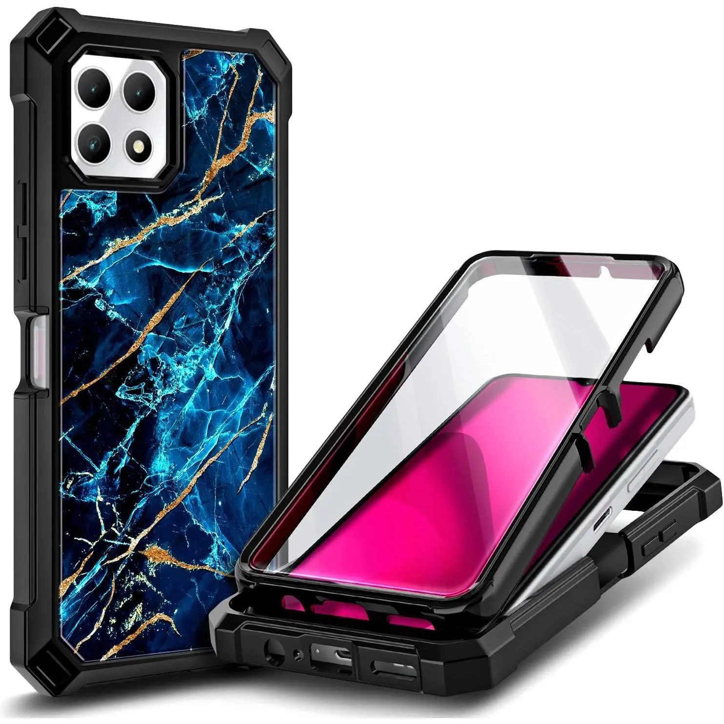 360-Degree Protection Durable Patterned Polycarbonate Case for T-Mobile REVVL 7 5G Smartphone - Full-Body Shockproof Rugged Bumper Cover with Built-in Screen Protector, Wireless Sapphire Flash Accessory
