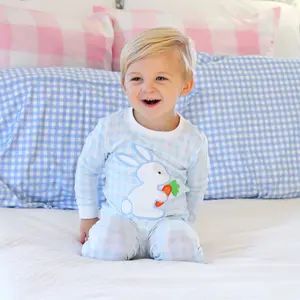 Bunny Garden Blue Check Pajamas - Cute Boys Easter PJs