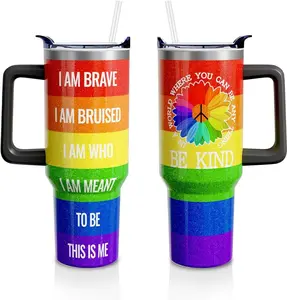 Rainbow Pride Gifts 40 Oz Tumbler with Handle and Straw, Be Kind Stainless Steel Insulated Cup Water Bottle, LGBT Pride Month Gifts for Women Men (1PC)