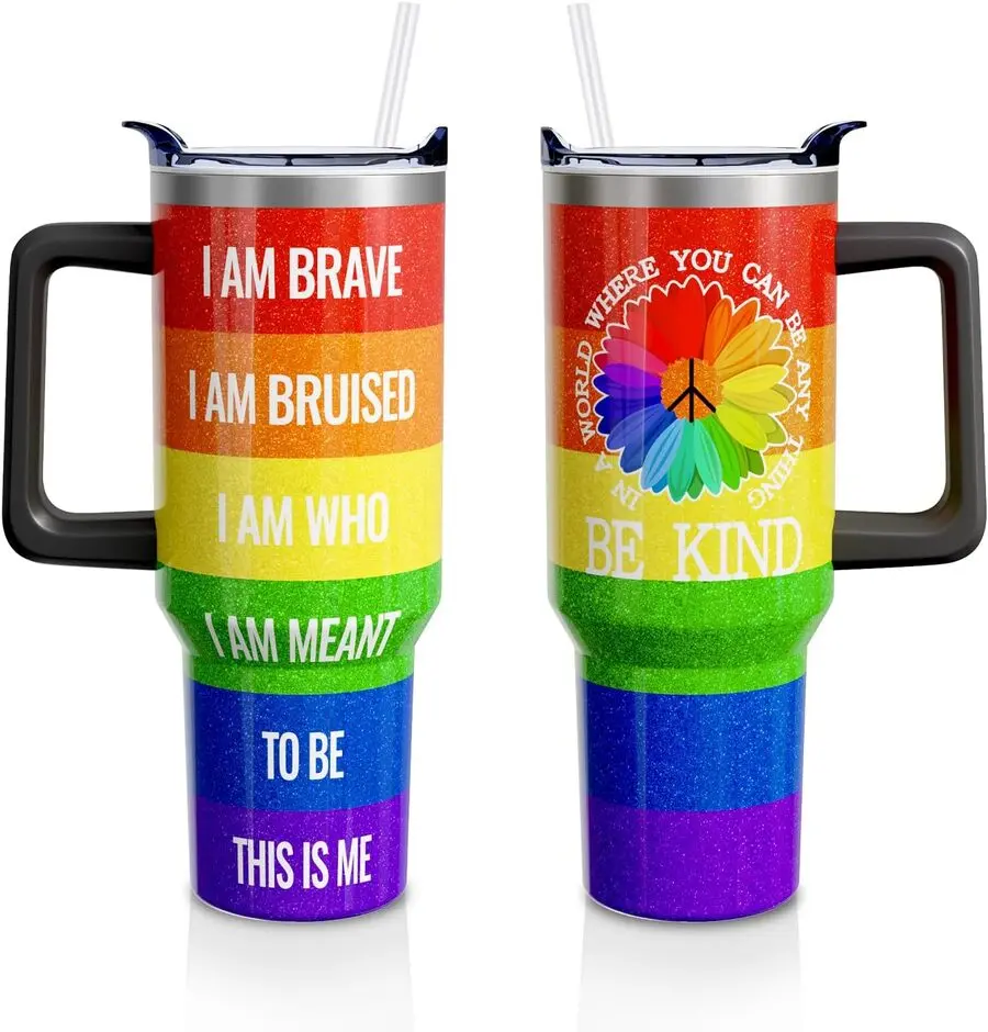 40 Oz Stainless Steel Insulated Tumbler - Portable LGBT Pride Rainbow Aesthetic Kitchen Drinkware with Handle, Straw, Lid, Coffee & Indoor Use Compatible, Women's Birthday Gift (1PC)