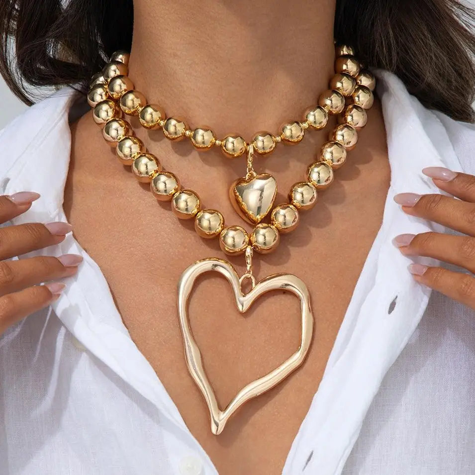 Women's Chunky Golden Beaded Choker Necklace - Layered Beads, Exaggerated Look Love Pendant, Statement Piece Costume Jewelry Accessory