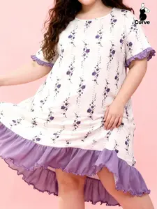 Plus Size Fashionable Women's Homecoming Dress, Elegant Floral Print Ruffle Design Round Neck Short Sleeve Sleepwear Loungewear, Soft Comfort Fabric