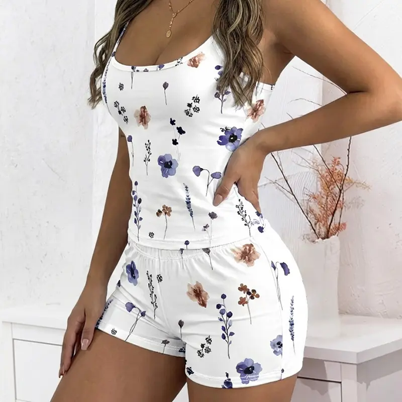 CHICME Women's 2 Piece Floral Print Shorts Set, Spaghetti Strap Cami Top with Bowknot, Casual Matching Outfit, Two Piece Sets, Shorts For Women