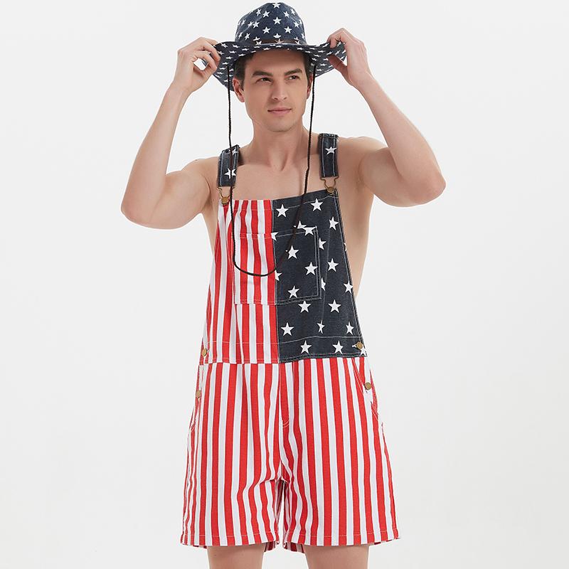 OPDNBON American Flag Overalls Men and Women Stretch Denim Bib Shorts USA 4th of July Outfit with Zipper