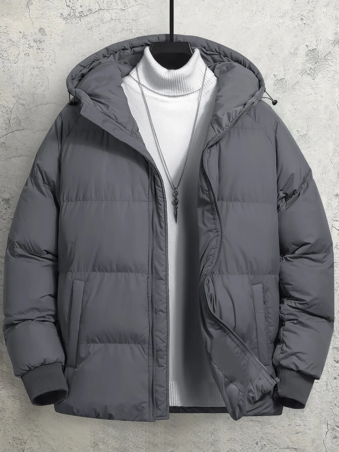 Men's Plain Solid Color Cotton Hooded Longsleeve Jackets Zip Up - Autumn Winter Warm, Stylish, Windproof, Loose Fit Puffy Coat with Pockets, Casual Street Style Menswear Tops