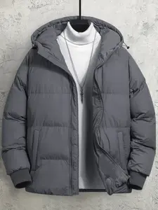 Men's Solid Color Hooded Cotton Jacket Autumn Winter Warm Zipper Coat with Pockets Loose Fit Puffy Design Casual Windproof Hoodie Trendy Clothing Street Style Menswear