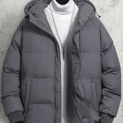 Men's Woven Cotton Hooded Puffy Coat - Stylish Menswear, Long-Sleeve, Zip-Up Jackets, Windproof, Loose Jackets, Warm, Loose Fit, Autumn Winter Casual Streetwear Top with Pockets, M