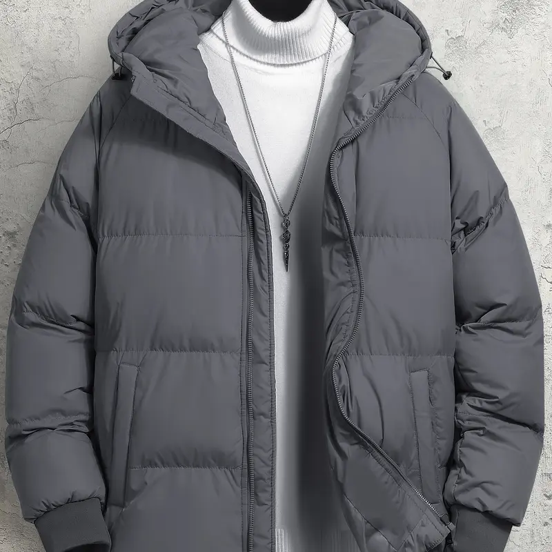 Men's Woven Cotton Hooded Puffy Coat - Stylish Menswear, Long-Sleeve, Zip-Up Jackets, Windproof, Loose Jackets, Warm, Loose Fit, Autumn Winter Casual Streetwear Top with Pockets, M