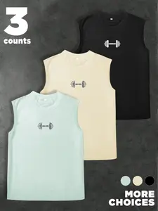3-Pack Unisex Dumbbell Print Sleeveless T-Shirts, Athleisure Streetwear Style, Breathable Cotton for Gym Workouts, Training and Fitness Enthusiasts
