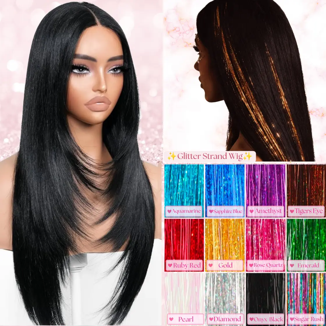 A Straight Glueless Glitter Strand 26 inch Wig Wear and Go Pre Plucked Pre Cut for Beginners Long Layered Synthetic Lace Front in Natural Black 613 Blonde Honey Highlight Burgundy Red Copper Ginger Chocolate Brown Pink Ombré Blonde Money Piece T Lace Wig