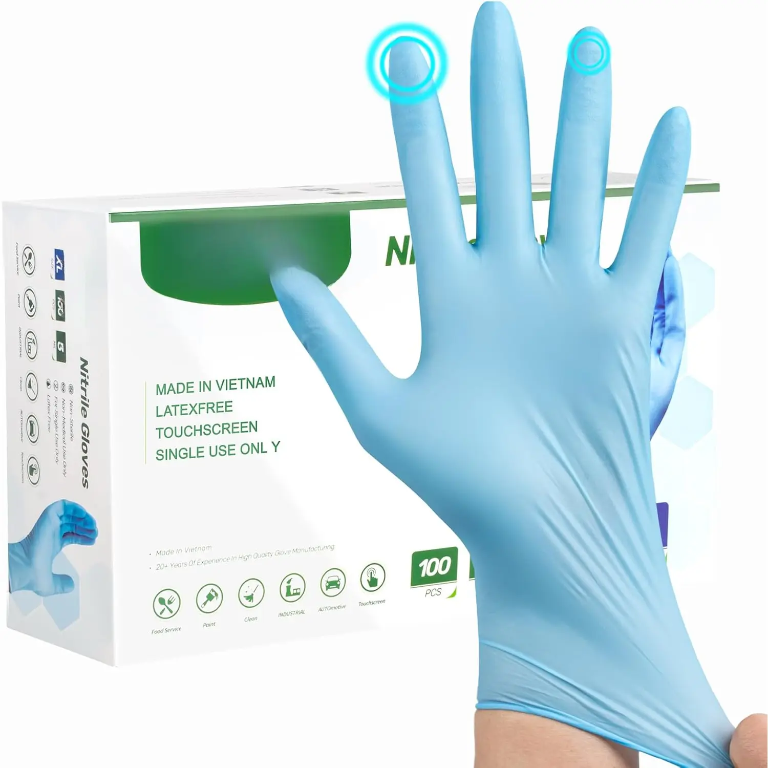 Gloves D1,  Disposable Gloves for Cleaning,  Prep, Industrial Grade, Non-Sterile,  Safe,  & Latex Free, Touchscreen, Blue, 100 Count, Medium ( Vietnam)