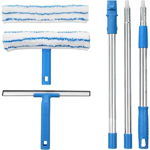 Window Cleaner with Long Handle(57In), Glass Cleaning Tools with Silicon Squeegee & Microfiber Scrubber, Window Cleaning Kit for Shower Glass Mirror Door Car Mitclear