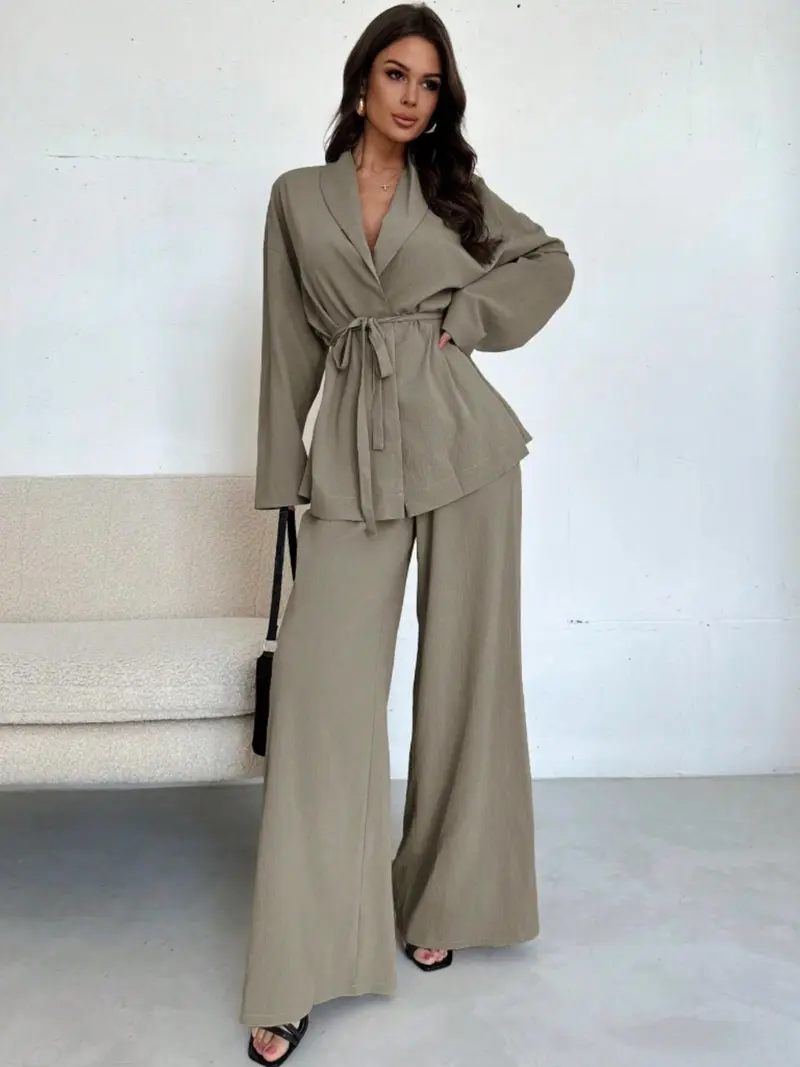 Two-piece Set Women's Solid Color Tie Front Outwear & Pants Set, Work Office Suit, Elegant Fashion Casual Two-piece Outfits for Daily Outdoor Wear, Women Clothing for Spring & Fall