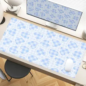 Blue White Heart Grid Desk Pad Gaming Mousepad XXL Mouse Pad For Laptop Desk Mouse Pad Extra Large With Non-Slip Rubber Base Stitched Edges Surface For PC Gamers Office Workers & Home Use Valentine Gift Idea