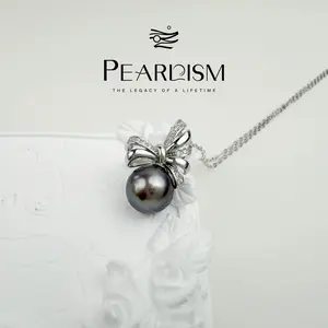 【Live】PEARLISM Luxury Statement Edison Pearl Necklace 9-10mm Dark Silver-Plated CZ Bow Hypoallergenic Gift-Box Packaging-AFEP014