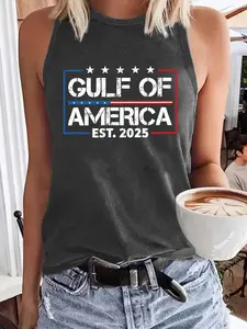 Women's "Gulf Of America" Print Round Neck Tank Top, Casual Sleeveless Top for Summer, Ladies Clothes for Daily Wear, Socks