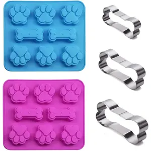 Set of 5, Silicone Molds Puppy Dog Paw & Bone Shaped 2 in 1 and Stainless Steel Bone Cookie Cutter For Homemade Treats and Cat,Animal Paw Ice Candy Chocolate Baking Mold (Blue&Pink)