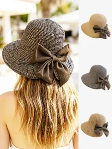 Women's Simple Fashion Bowler Straw Hat, Large Brim Lightweight Casual Sun Hat for Outdoor Leisure, Summer Beach Vacation, Birthday Gift