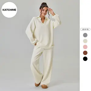 KatchMe Women's Slouchy Solid Color V-Neck Loose Textured Pullover & Drawstring Waist Trousers Co-ord, Minimalist Two Piece Outfits, Soft Womenswear