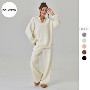 KatchMe Women's Slouchy Solid Color V-Neck Loose Textured Pullover & Drawstring Waist Trousers Co-ord Set & Separates, Minimalist Outfits, Casual Lounge Set