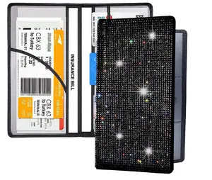 Bing Rhinestone Car Registration and Insurance Document Holder, Glitter card holder, Lether Vehicle Accessories Car Essentials Glove Box Organizer Wallet Case Black