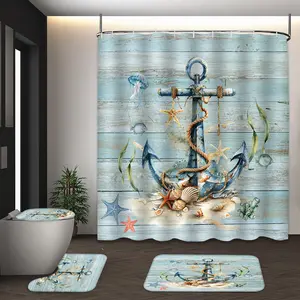 LVRLVR 4Pcs Nautical Anchor & Seashell Print Rustic Coastal Multi-Color Shower Curtain Set 70.8×70.8 Inch