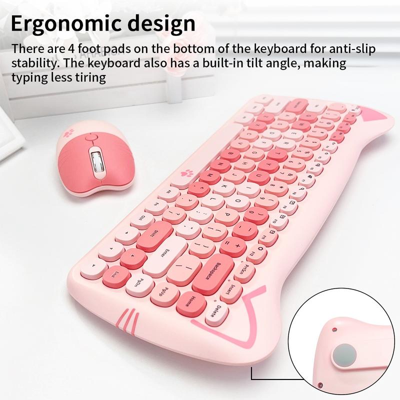 Mofii Pink Cat Keyboard and Mouse Combo, 2.4G Wireless Connection, Cute Aesthetic, Silent Office Use, Compact 2-Zone Keyboard, Universal for Desktops & Laptops, US QWERTY Layout (Batteries Not Included)
