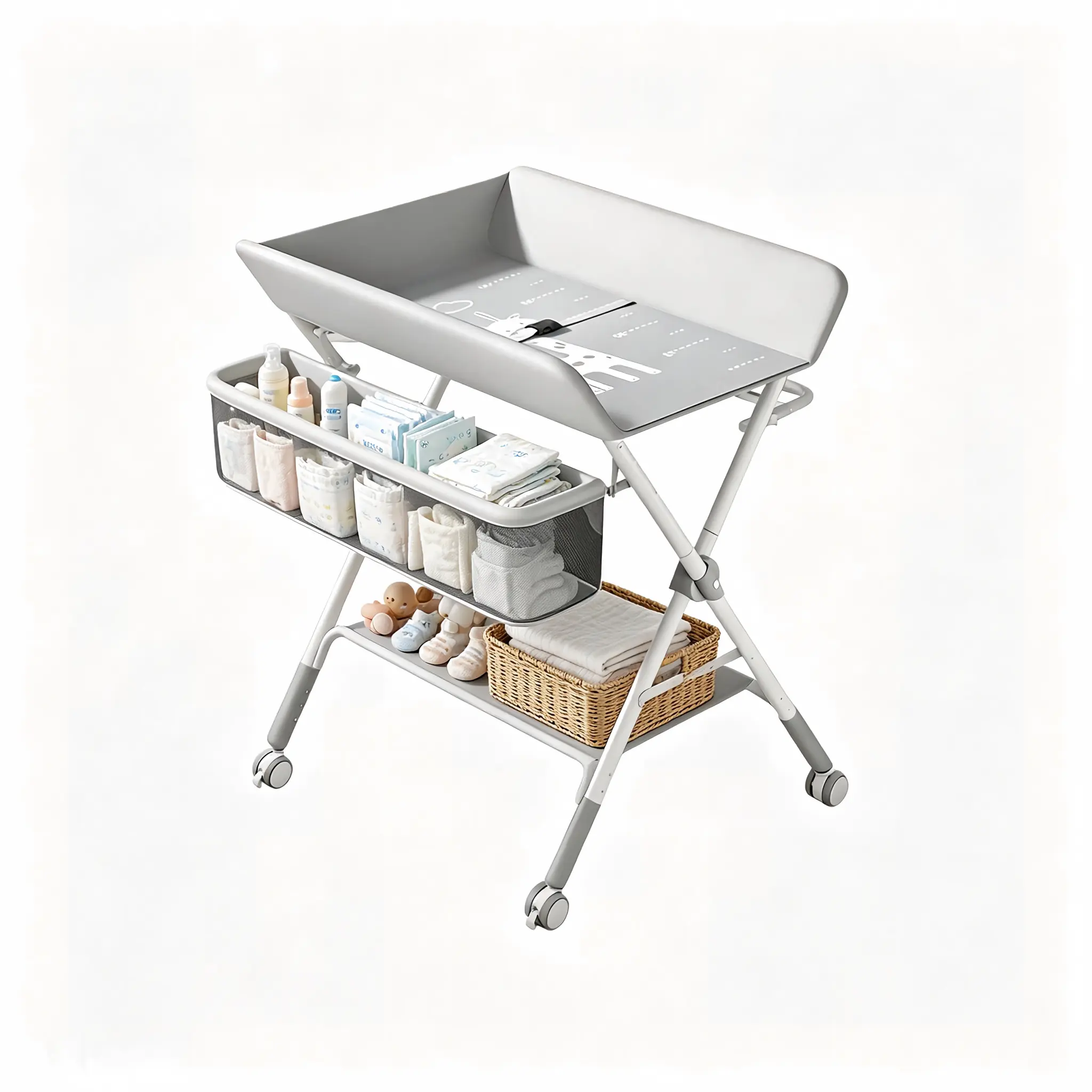 Foldable Baby Diaper Changing Table with Storage Basket, Adjustable Height Mobile Nursery Changing Station with Wheels, Portable Newborn Diaper Changer for Home
