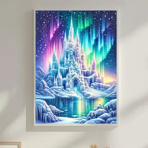 5D DIY Diamond Painting Kit Aurora Castle Landscape Round Diamond Mosaic Embroidery Cross Stitch Home Decor Artwork 12x16Inch