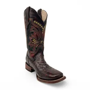 Men’s Leather Western Cowboy Boot, Square Toe, Embossed Textured Fashion Boots