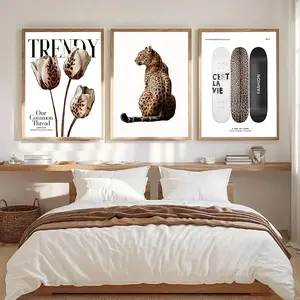 Trendy Leopard Print Wall Art Picture Stylish Female Aesthetic Poster Cheetah Printed Preppy Fashion Skateboard Wall Decor for Bedroom Apartment Dorm Living Room