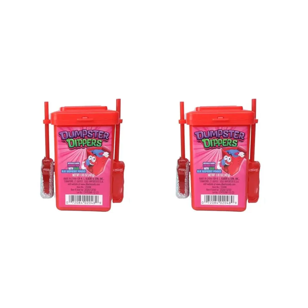 Dumpster Dippers 2-Pack Lollipop & Sour Powder Candy in Green Container Watermelon Cherry Blue Raspberry Perfect for Party Favors