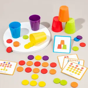 Plastic Stacking Match Cups Game for Toddlers and Kids, 6 Colored Stacking Cups、50 Pattern Cards & 60pcs Color Chips, Montessori Learning Toy for Preschool Boys Girls, Focus Reaction Family Game Age 3+