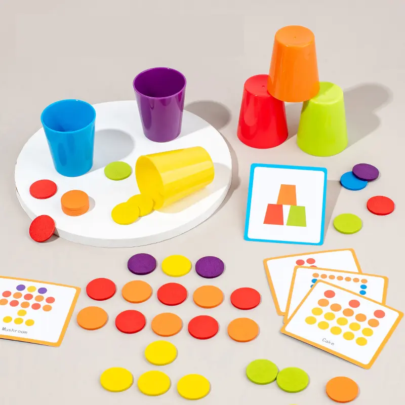 Plastic Stacking Match Cups Game for Toddlers and Kids, 6 Colored Stacking Cups、50 Pattern Cards & 60pcs Color Chips, Montessori Learning Toy for Preschool Boys Girls, Focus Reaction Family Game Age 3+