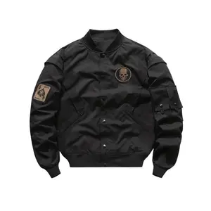 Men’s preppy varsity jacket, woven polyester fabric (100%), solid color with embroidered print, loose fit with a baseball collar, long sleeves, men’s outerwear, black casual style with pockets