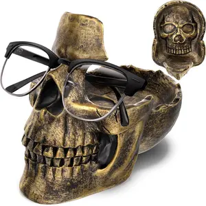 Skull Glasses Stand Holder, Creative Eyeglasses Holder, Sunglasses Spectacle Display Rack, Key Holder  Sculptures for Entryway, Home, Office, Desk, Nightstand (Bronze)