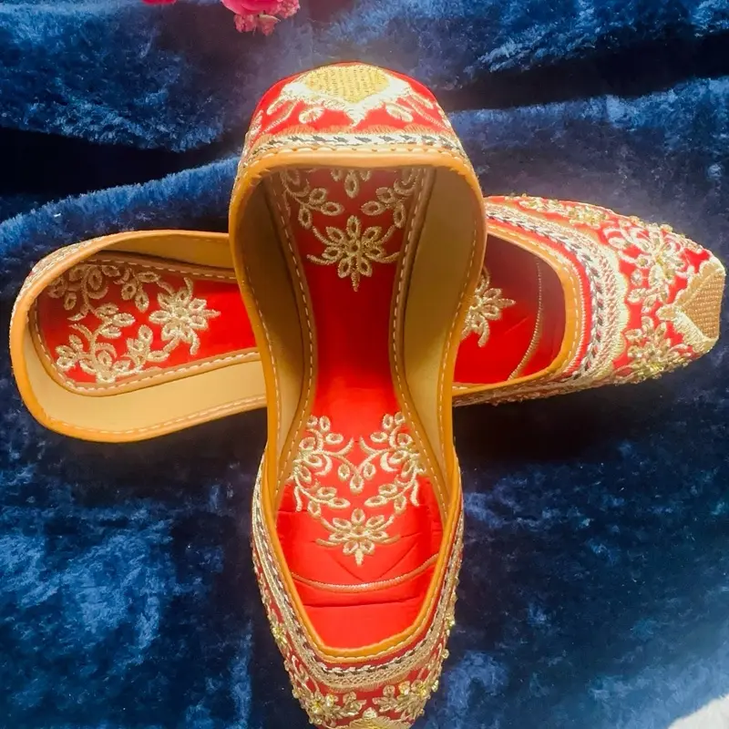 Handcrafted Velvet Punjabi Jutti – Red & Gold Bridal Khussa with Zari Embroidery & Sequin Detail | Traditional Ethnic Flat Mules