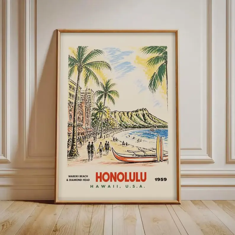 Honolulu Print, Vintage Waikiki Beach Travel Poster, 1959 Hawaii Wall Art, Retro Coastal Decor