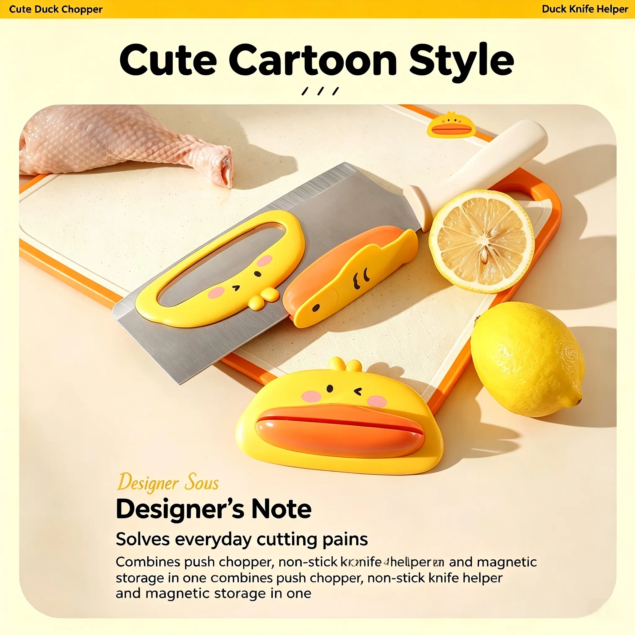 Cute Duck Knife Helper Set, Kitchen Chopping Aid, Non‑Stick Knife Guard, Magnetic Storage Knife Back Presser for Meat Bone Corn Cutting